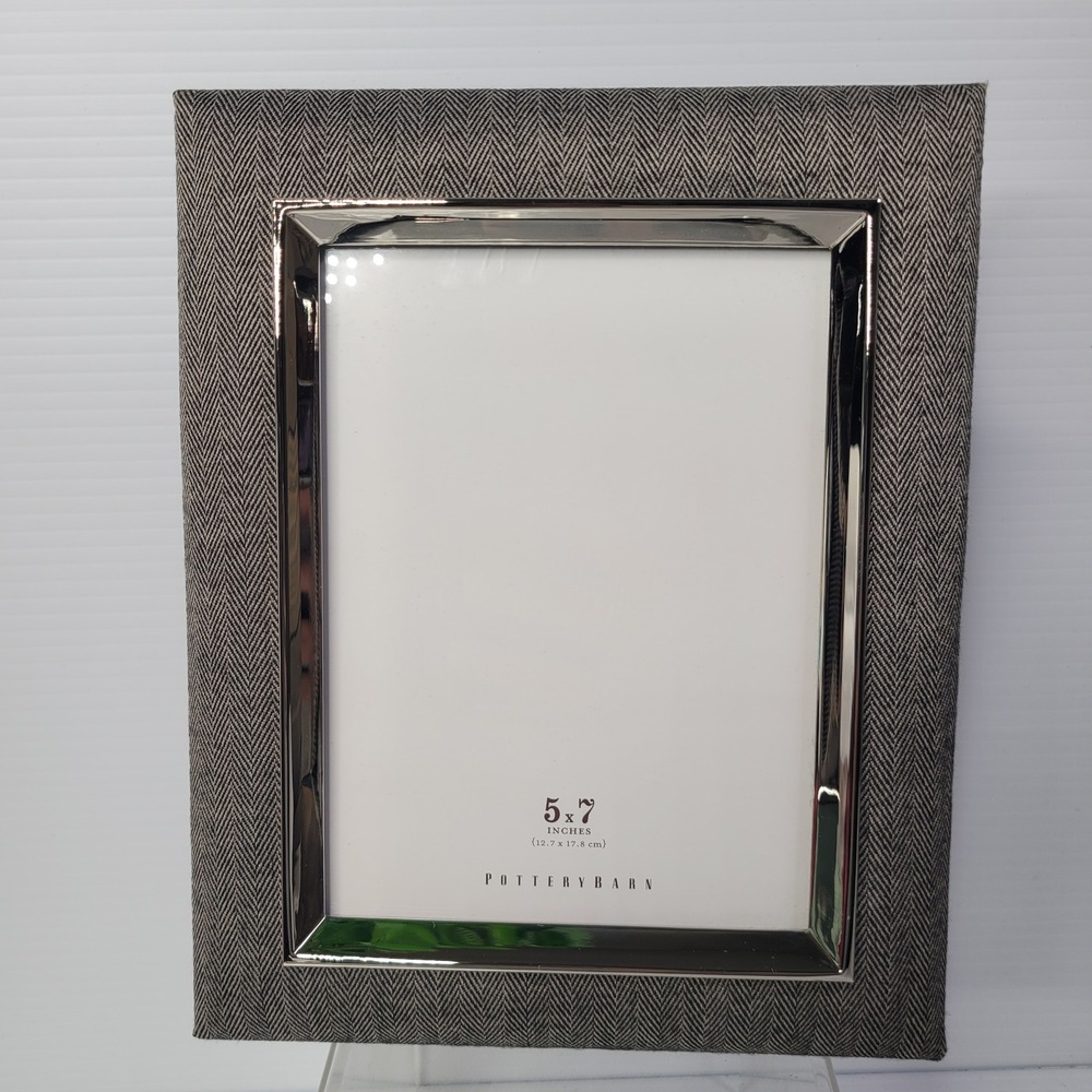 Pottery Barn Picture Frame 5x7 Herringbone Fabric Silver Trim NEW